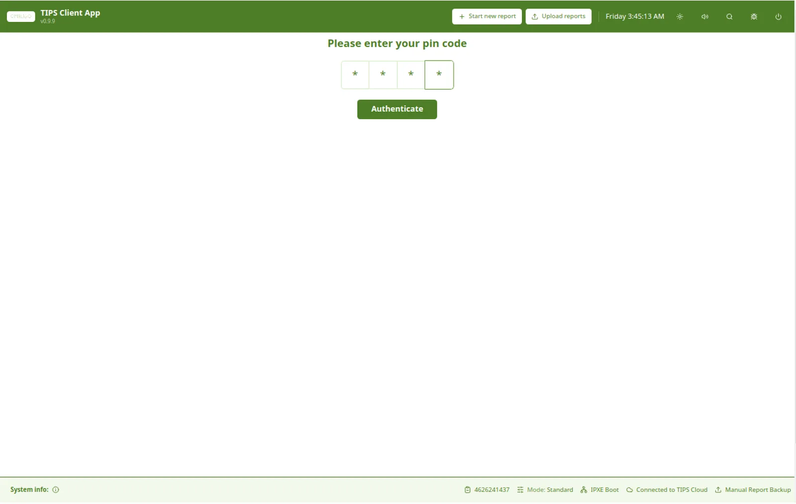 TIPS client operator PIN code entry screen with a four-digit masked input and authenticate button